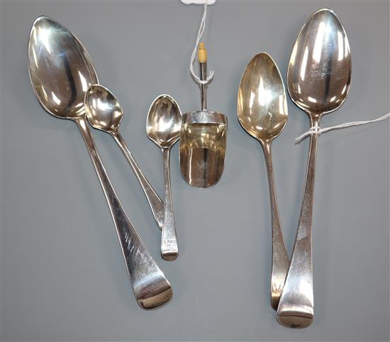 A George III silver shovel-shaped caddy spoon and sundry George III silver flatware, approx 6.7oz